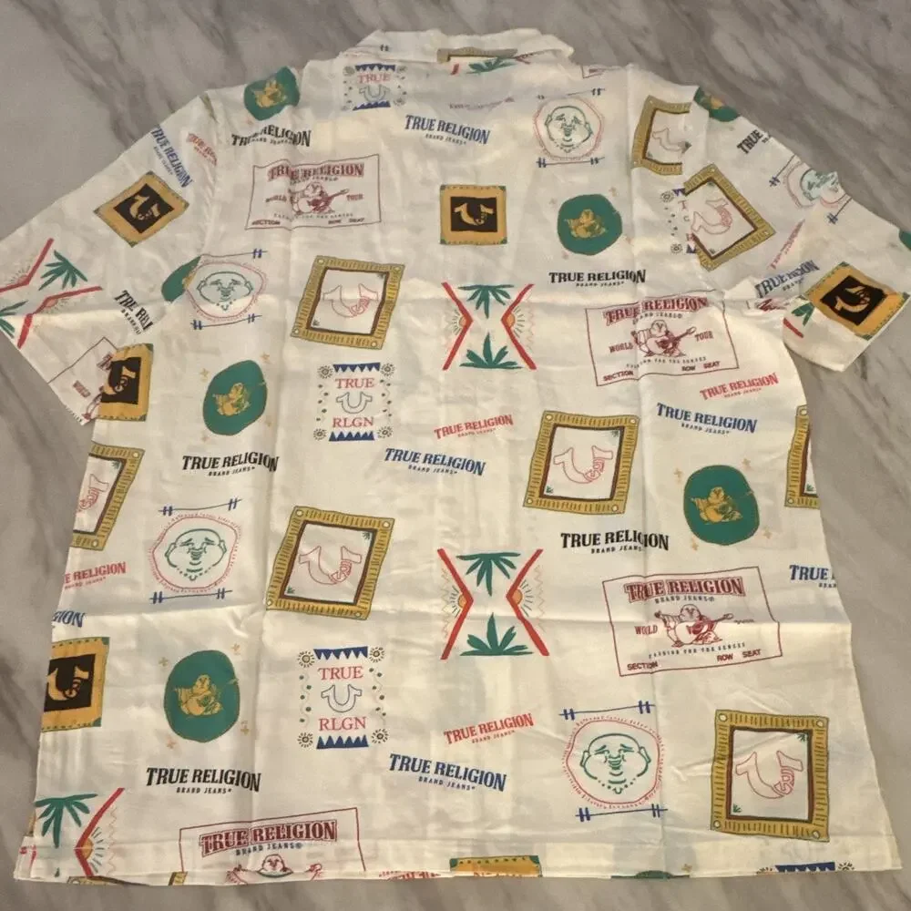 True Religion Men’s L Buddha Graphic Cotton Woven Camp Collar SS Button-Up